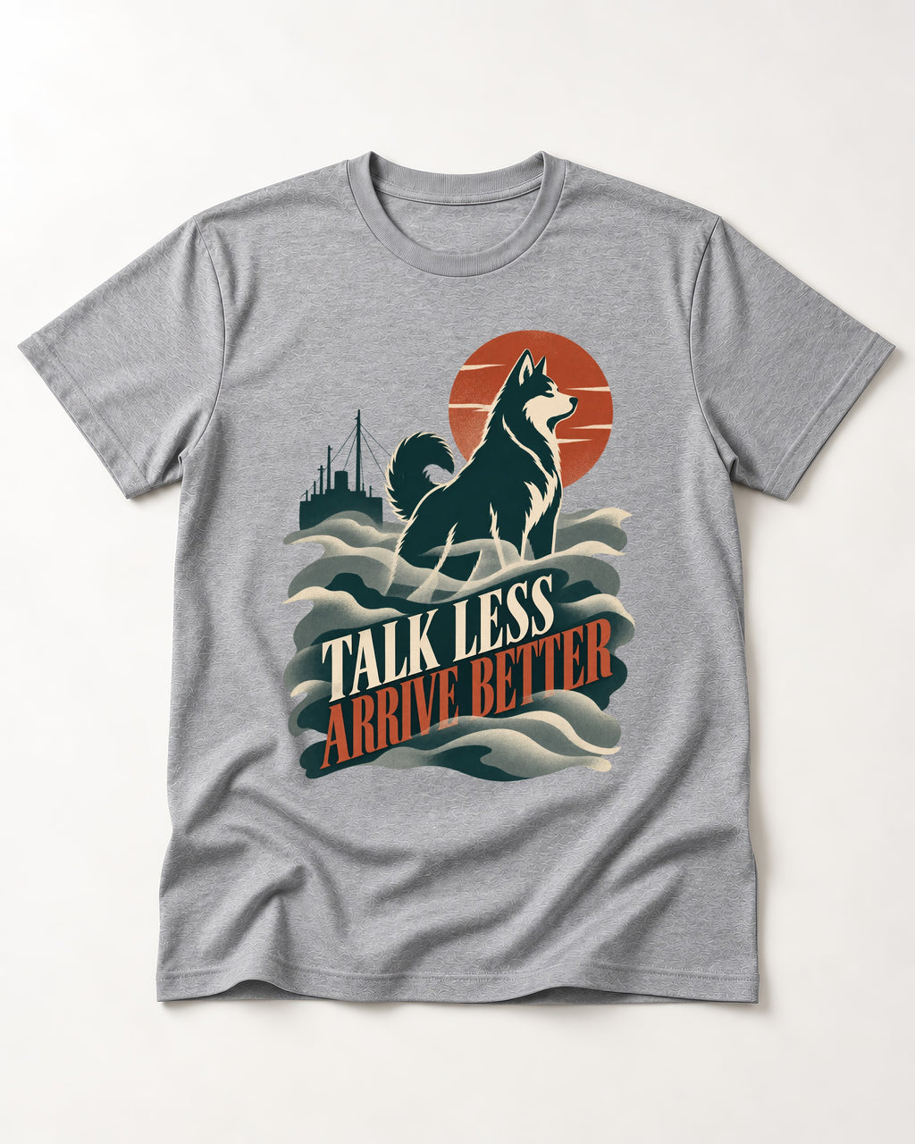 Husky Talk Less Arrive Better Harbor Wave Graphic T-Shirt in Sport Grey, flat lay product photo