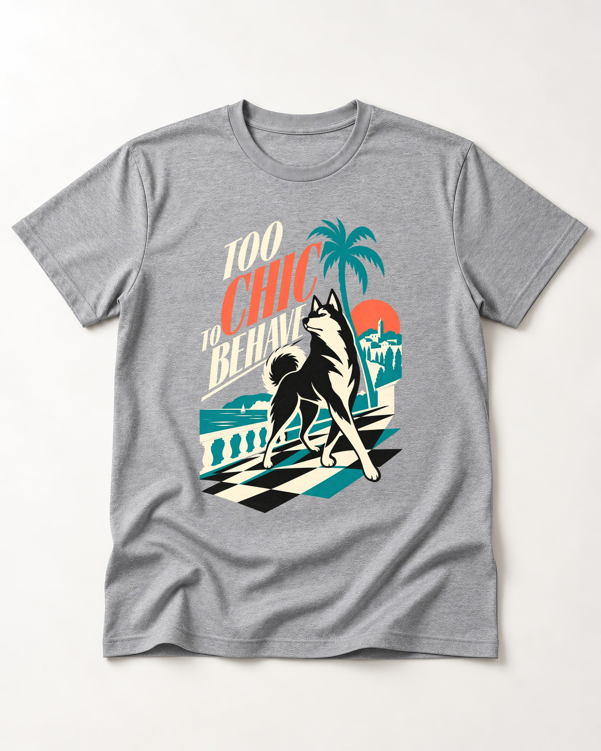 Husky Too Chic to Behave Riviera Graphic T-Shirt in Sport Grey, flat lay product photo