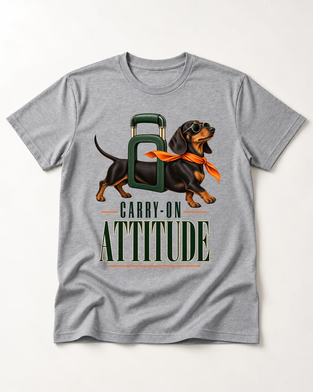 Dachshund Carry on Attitude T-Shirt in Sport Grey, flat lay product photo