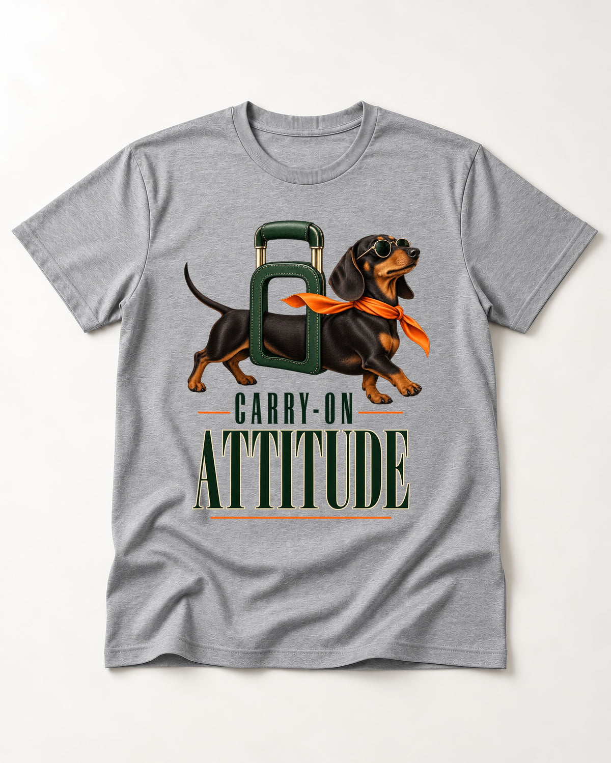 Dachshund Carry on Attitude T-Shirt in Sport Grey, flat lay product photo