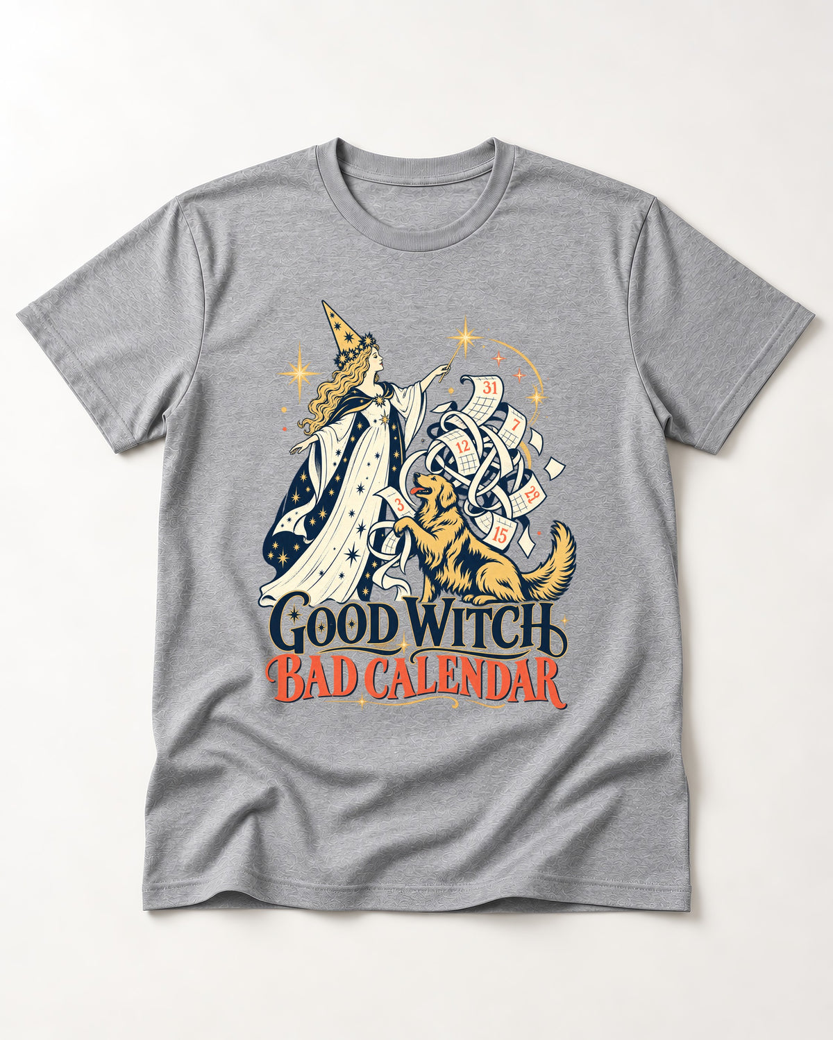 Good Witch Bad Calendar Golden Retriever T-Shirt in Sport Grey, flat lay product photo