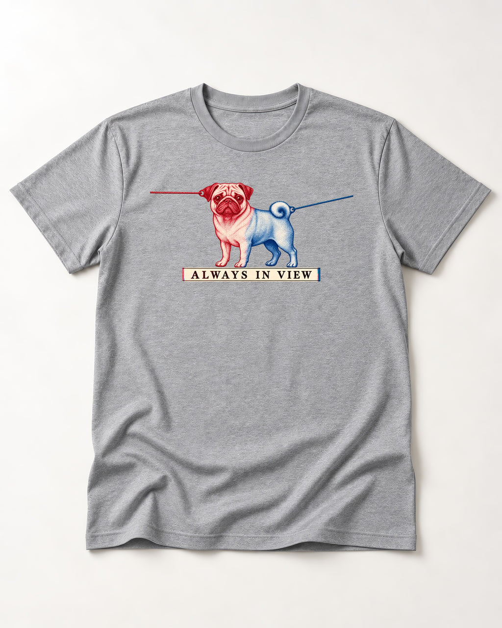 Pug Always in View Split Leash Graphic T-Shirt in Sport Grey, flat lay product photo