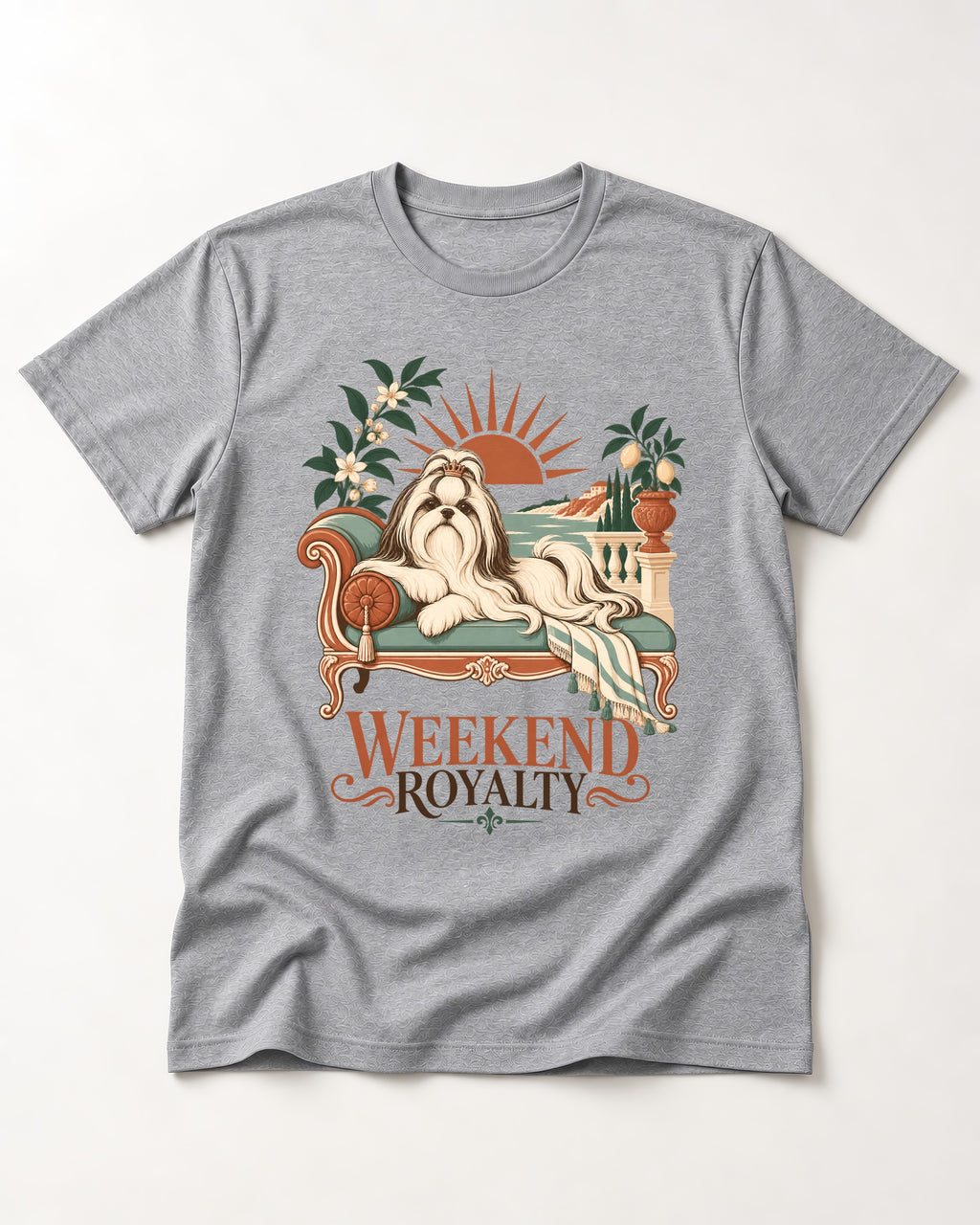 Shih Tzu Weekend Royalty T-Shirt in Sport Grey, flat lay product photo