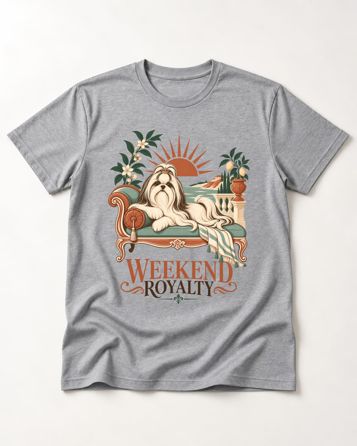 Shih Tzu Weekend Royalty T-Shirt in Sport Grey, flat lay product photo