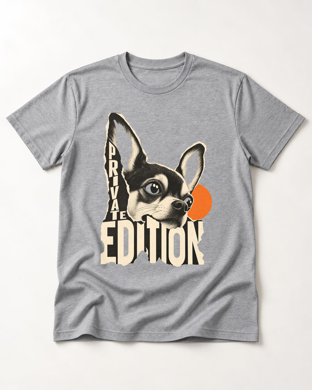 Chihuahua Private Edition Cut-Paper Portrait T-Shirt in Sport Grey, flat lay product photo