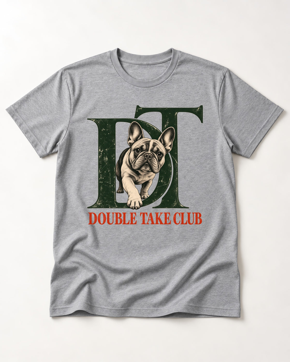 Frenchie Double Take Club T-Shirt in Sport Grey, flat lay product photo