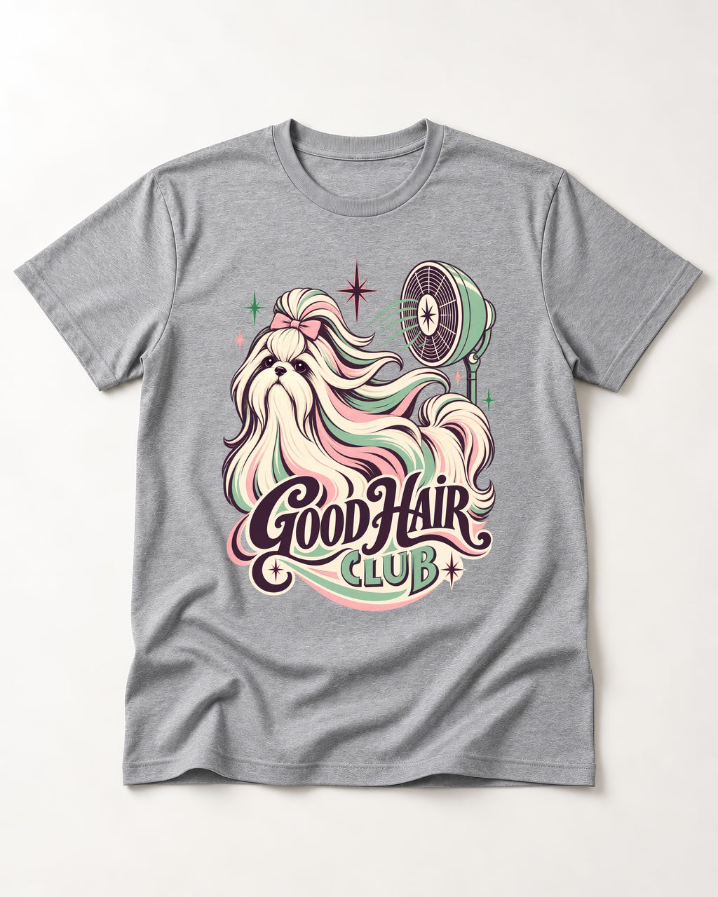 Shih Tzu Good Hair Club Salon Fan Graphic T-Shirt in Sport Grey, flat lay product photo