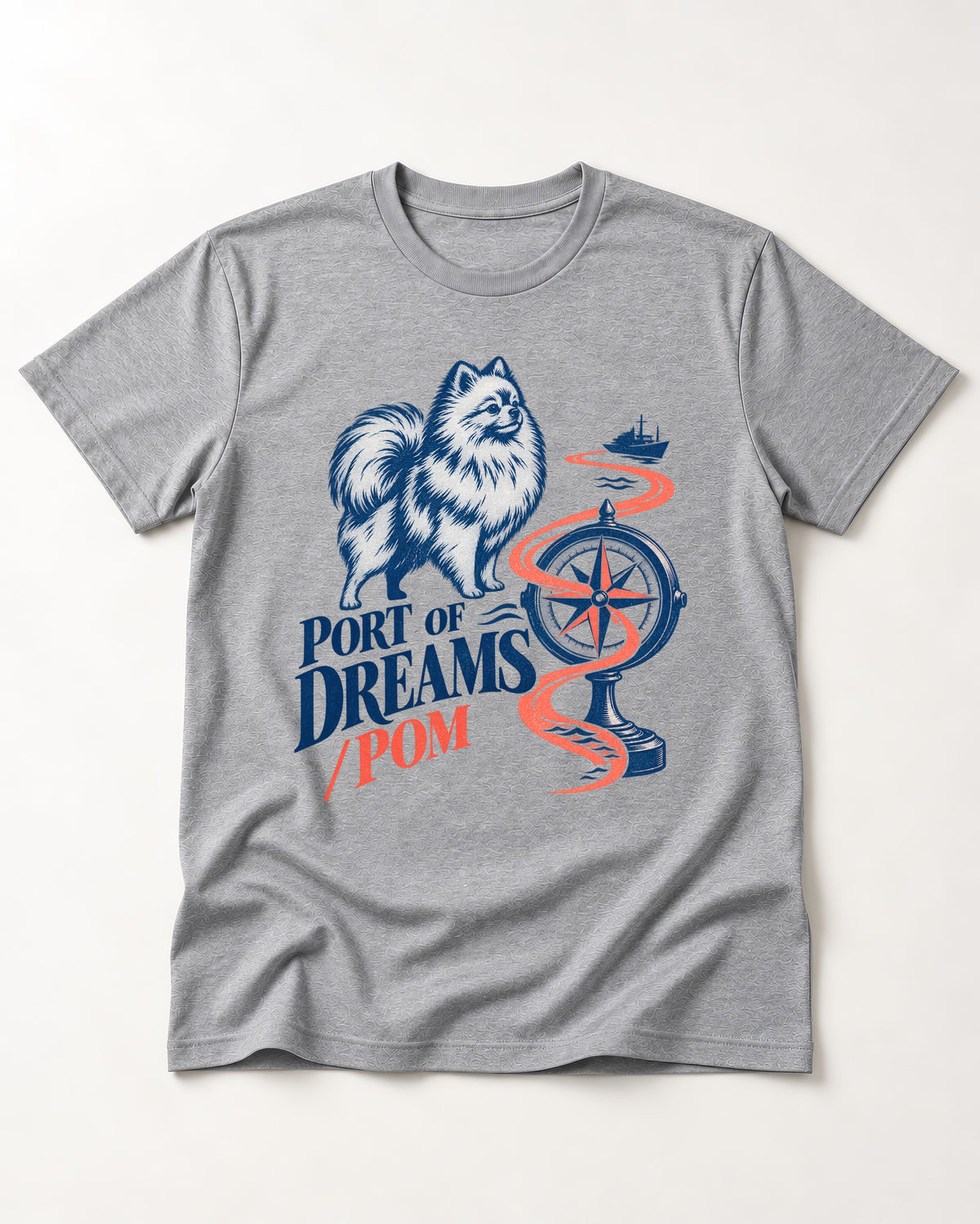 Pomeranian Port of Dreams T-Shirt in Sport Grey, flat lay product photo
