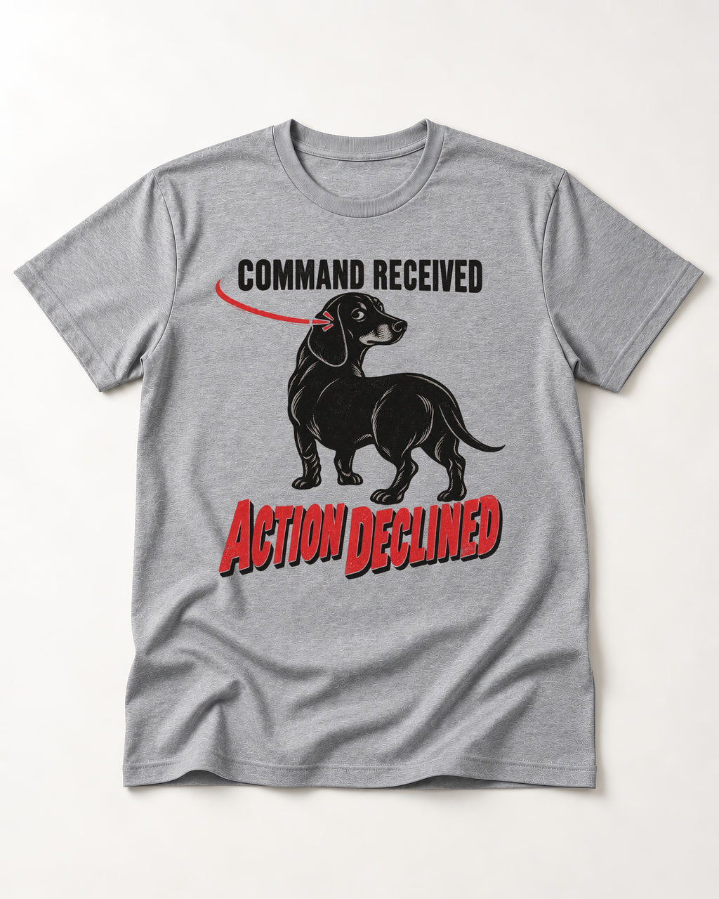 Dachshund Action Declined T-Shirt in Sport Grey, flat lay product photo