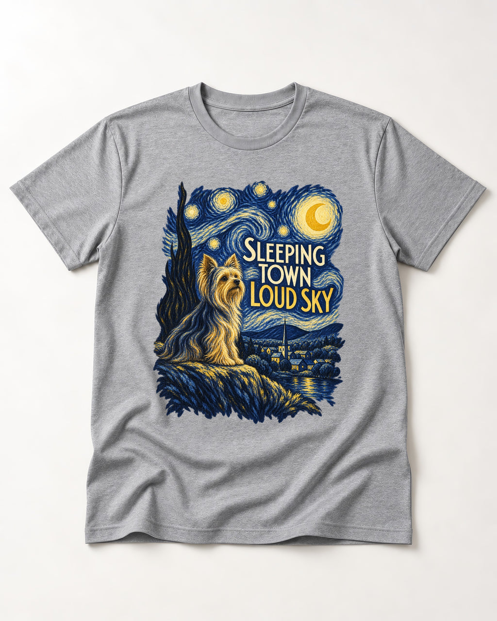 Yorkshire Terrier Sleeping Town Loud Sky Starry Night Graphic T-Shirt in Sport Grey, flat lay product photo