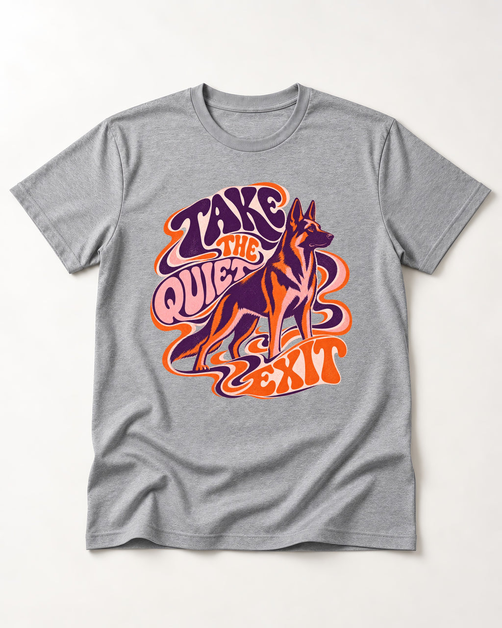Take The Quiet Exit Psychedelic German Shepherd Dog Graphic T-Shirt in Sport Grey, flat lay product photo