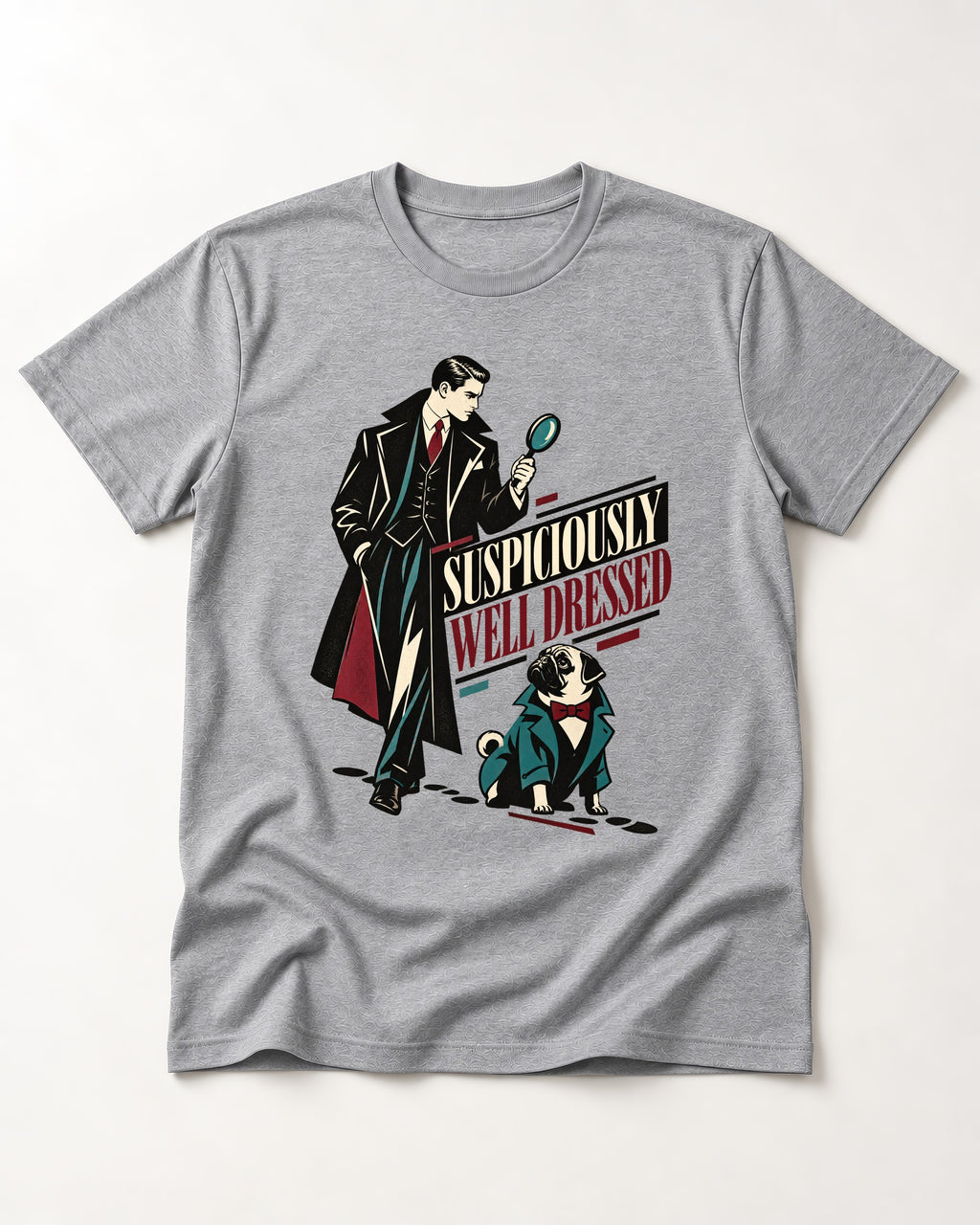 Suspiciously Well Dressed Pug T-Shirt in Sport Grey, flat lay product photo