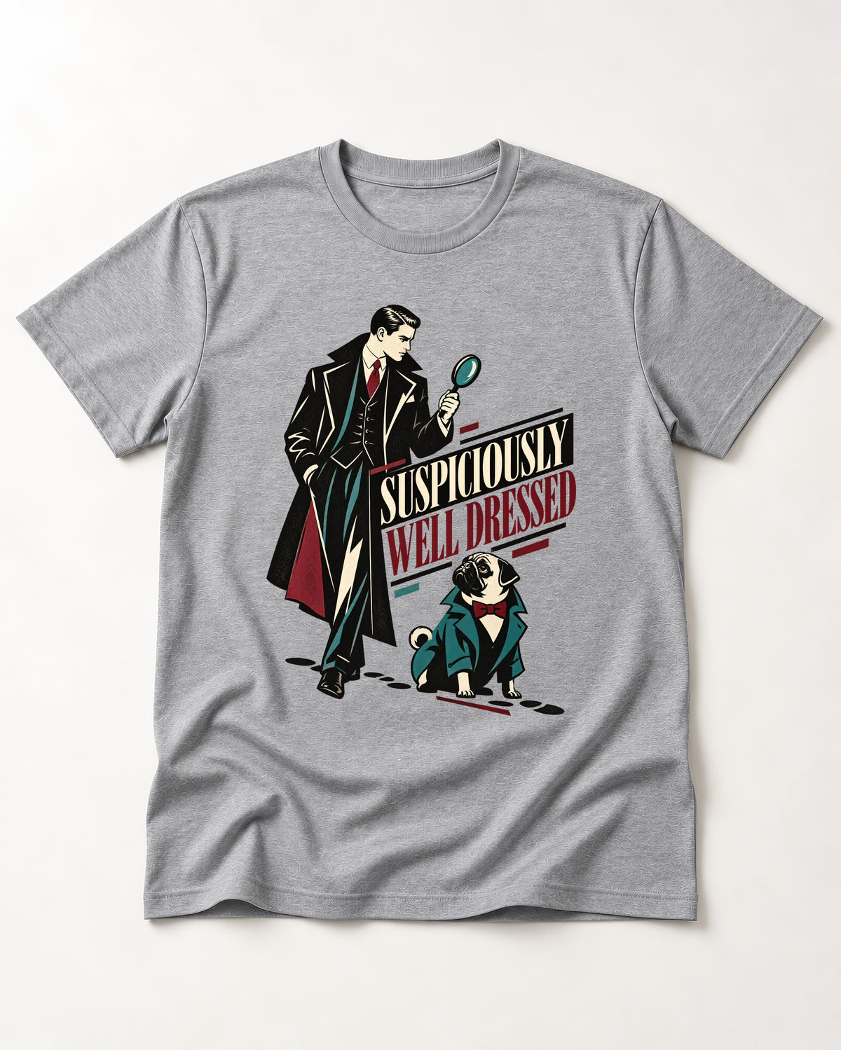 Suspiciously Well Dressed Pug T-Shirt in Sport Grey, flat lay product photo
