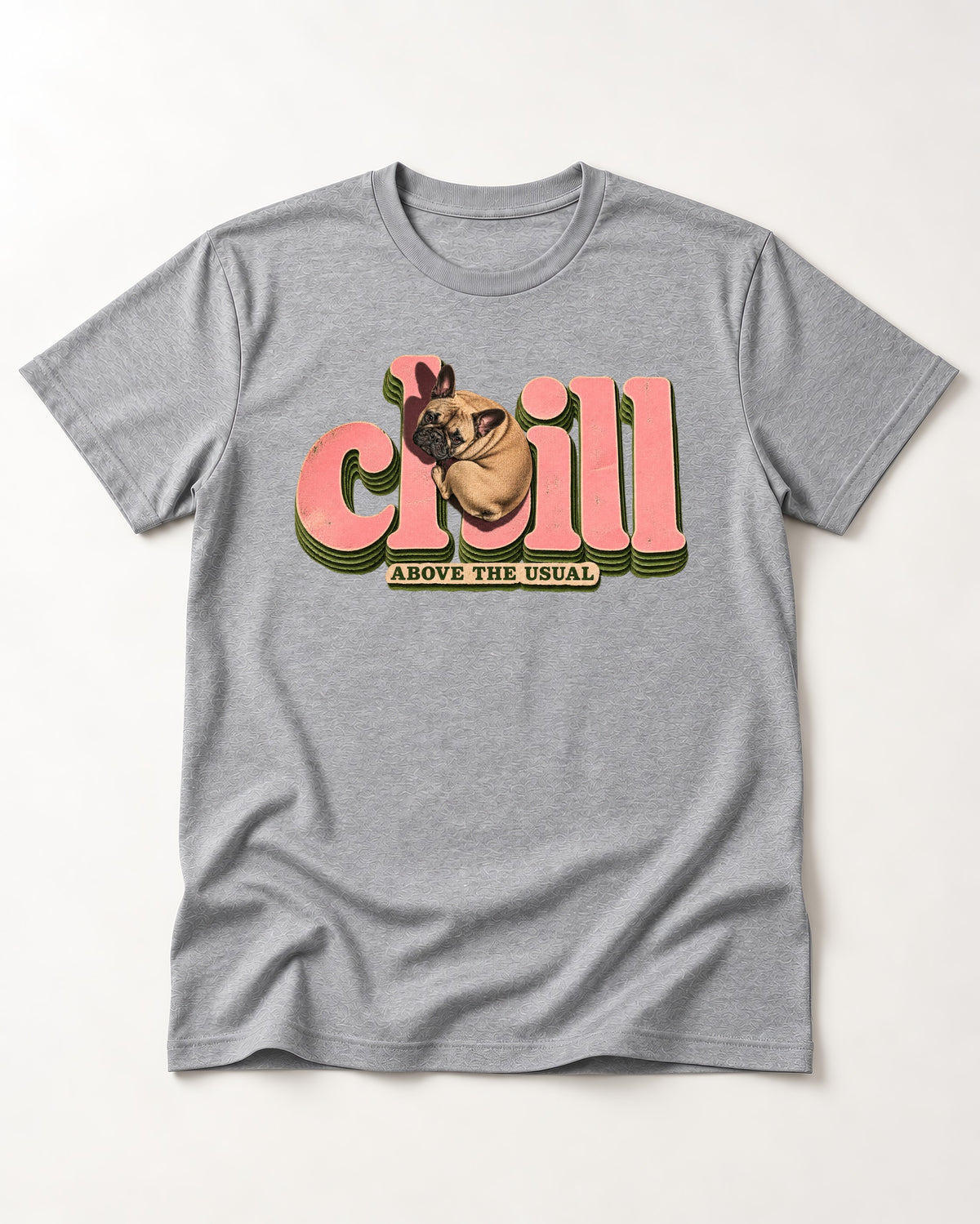 Frenchie Chill T-Shirt in Sport Grey, flat lay product photo