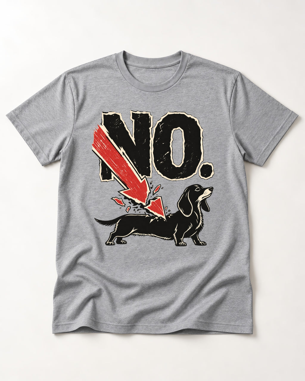Dachshund Says No T-Shirt in Sport Grey, flat lay product photo