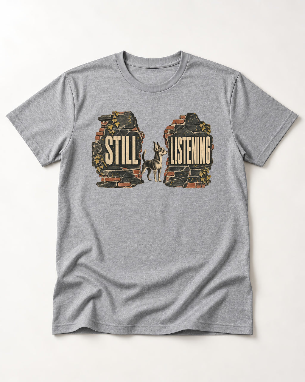 Chihuahua Still Listening T-Shirt in Sport Grey, flat lay product photo