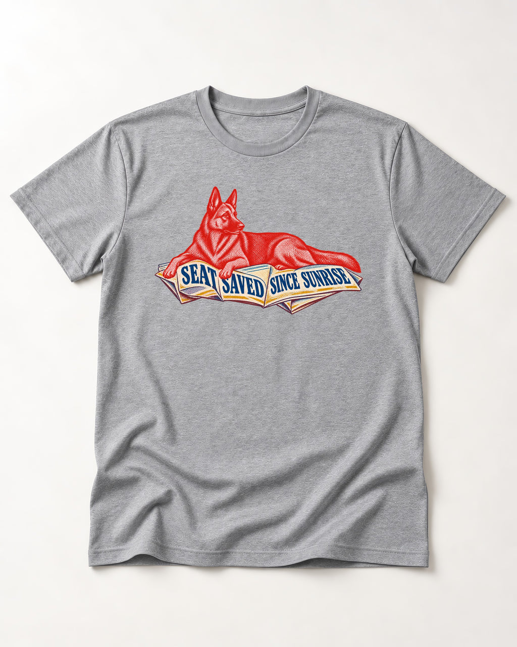 Seat Saved Since Sunrise German Shepherd Dog T-Shirt in Sport Grey, flat lay product photo