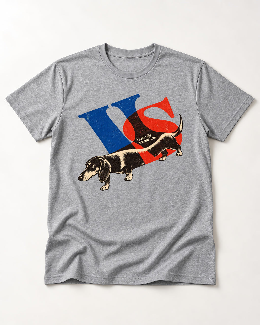 Dachshund VS Visible On Second Look Graphic T-Shirt in Sport Grey, flat lay product photo
