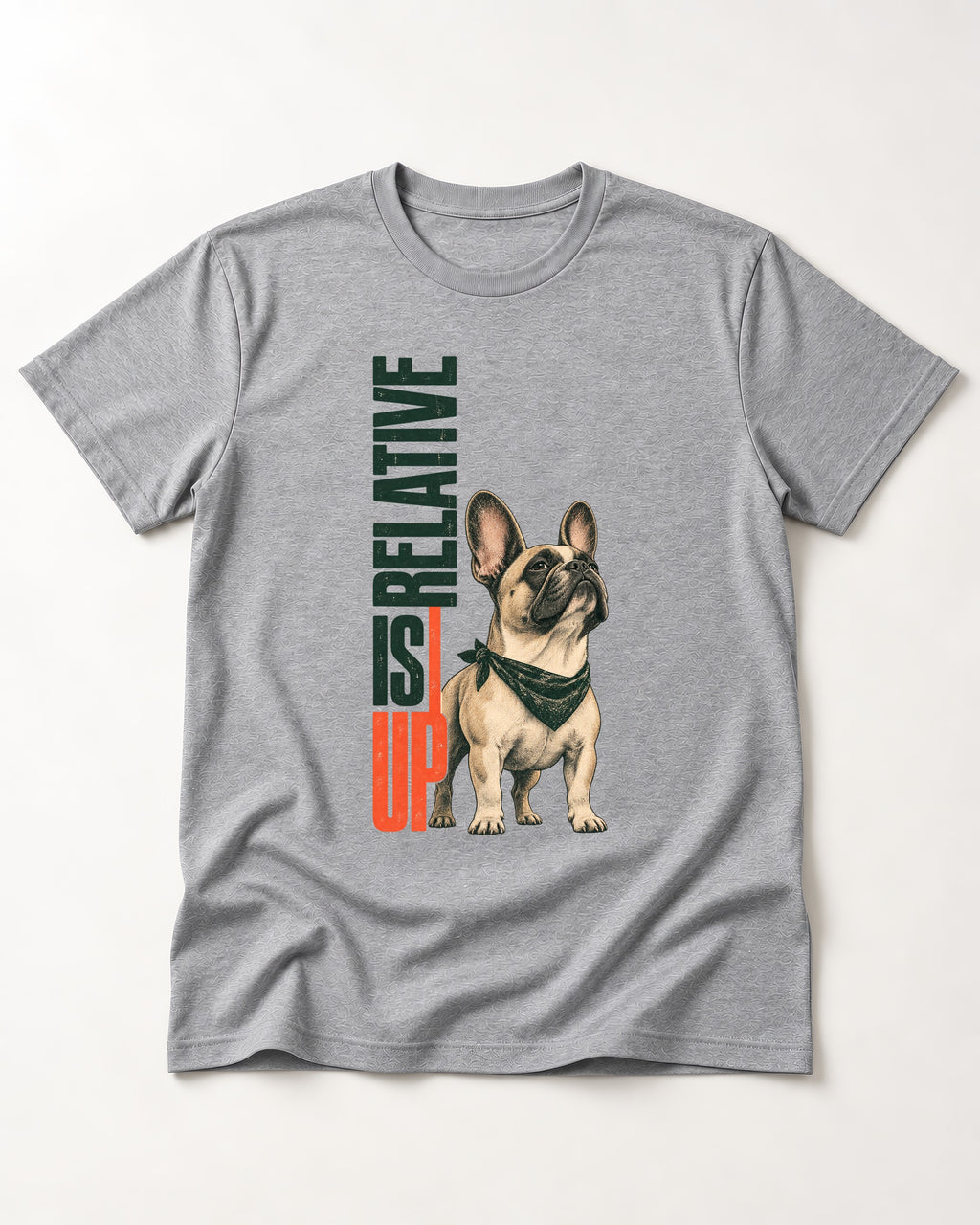 Up Is Relative Frenchie T-Shirt in Sport Grey, flat lay product photo
