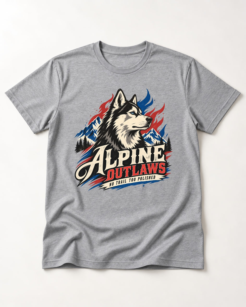 Husky Alpine Outlaws No Trail Too Polished Graphic T-Shirt in Sport Grey, flat lay product photo