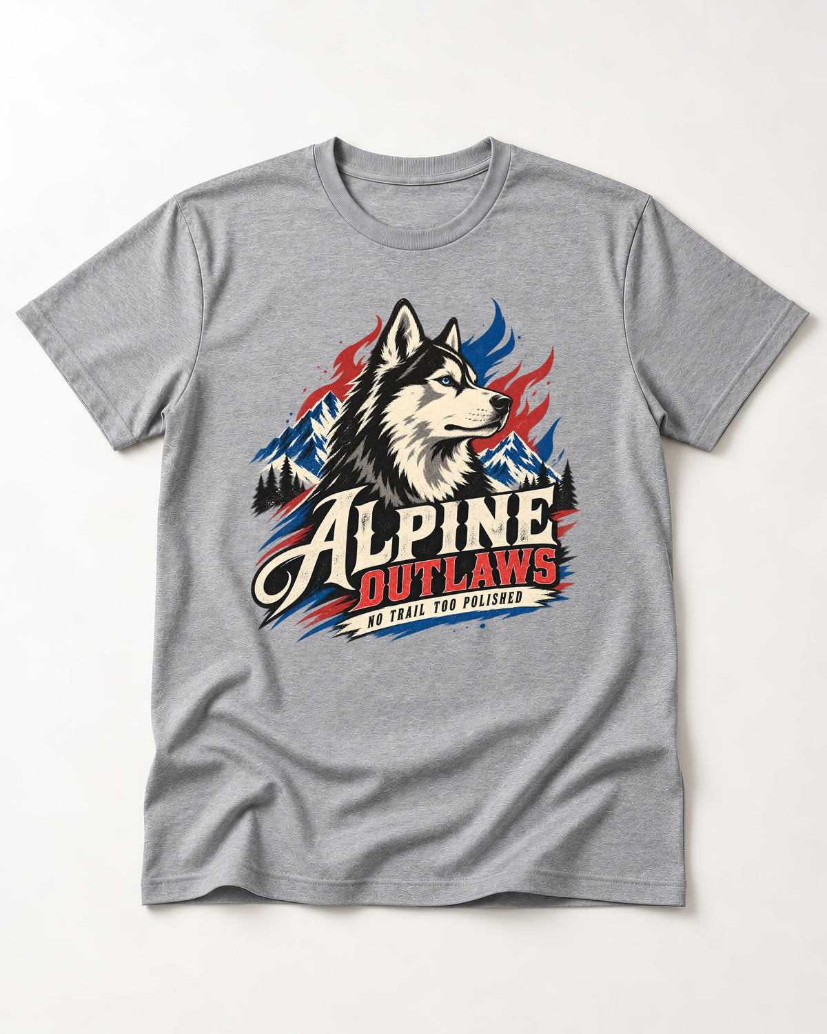 Husky Alpine Outlaws No Trail Too Polished Graphic T-Shirt in Sport Grey, flat lay product photo