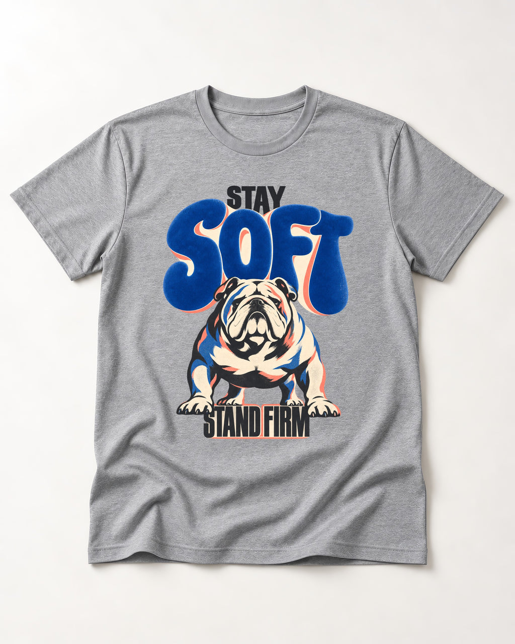 Stay Soft Stand Firm English Bulldog T-Shirt in Sport Grey, flat lay product photo