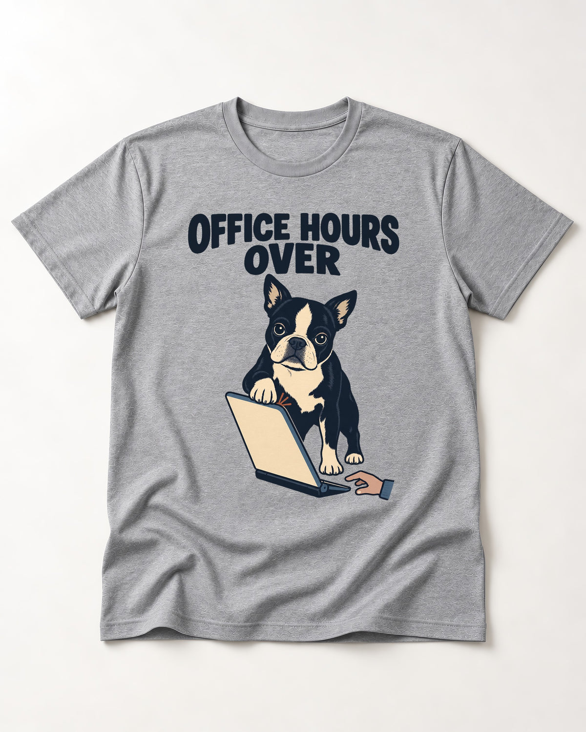 Boston Terrier Office Hours Over T-Shirt in Sport Grey, flat lay product photo