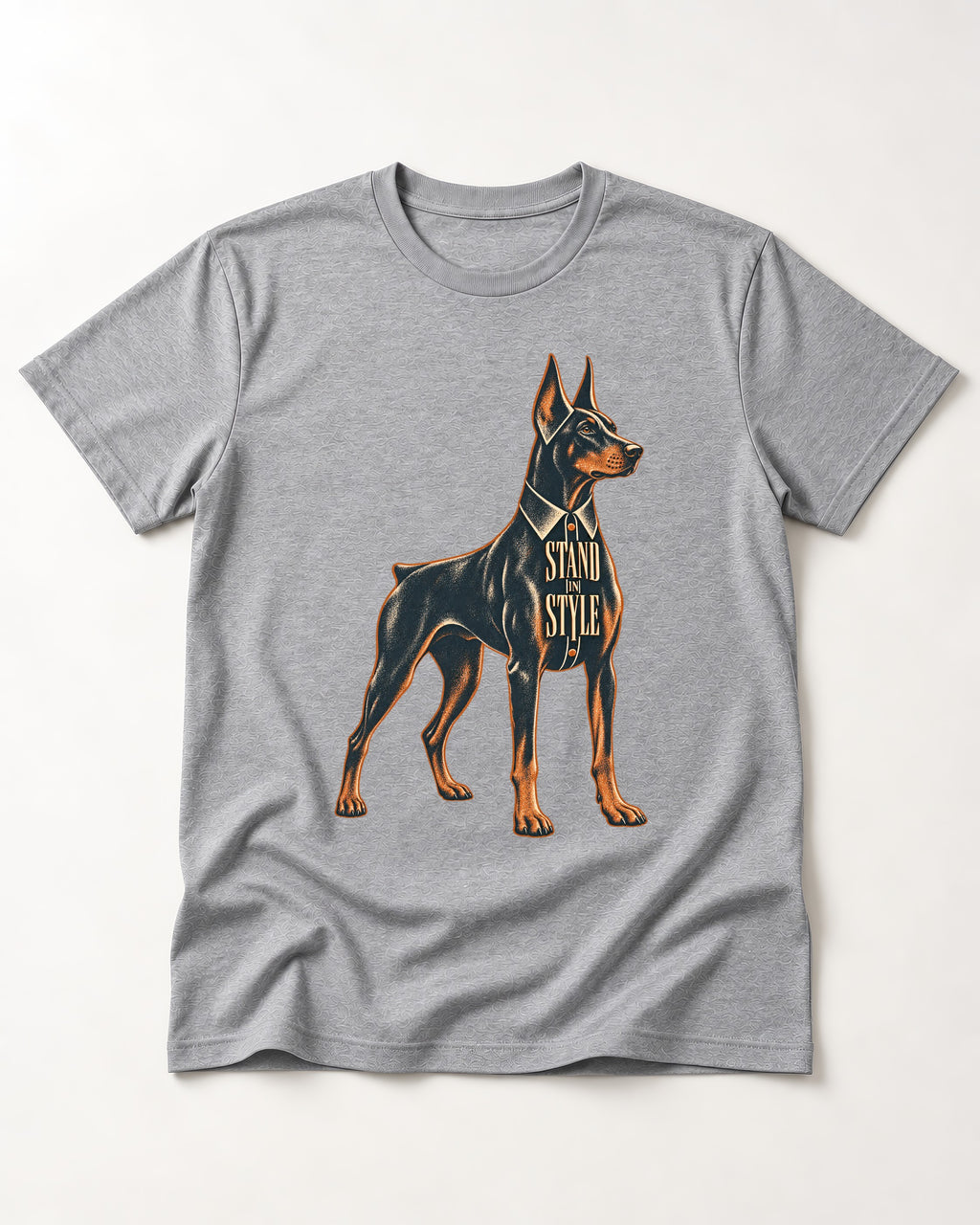 Doberman Stand in Style Suit Graphic T-Shirt in Sport Grey, flat lay product photo