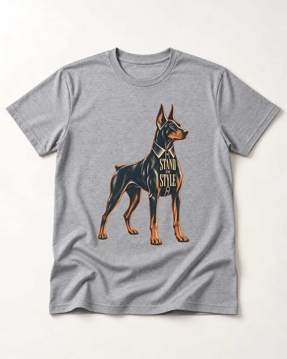 Doberman Stand in Style Suit Graphic T-Shirt in Sport Grey, flat lay product photo