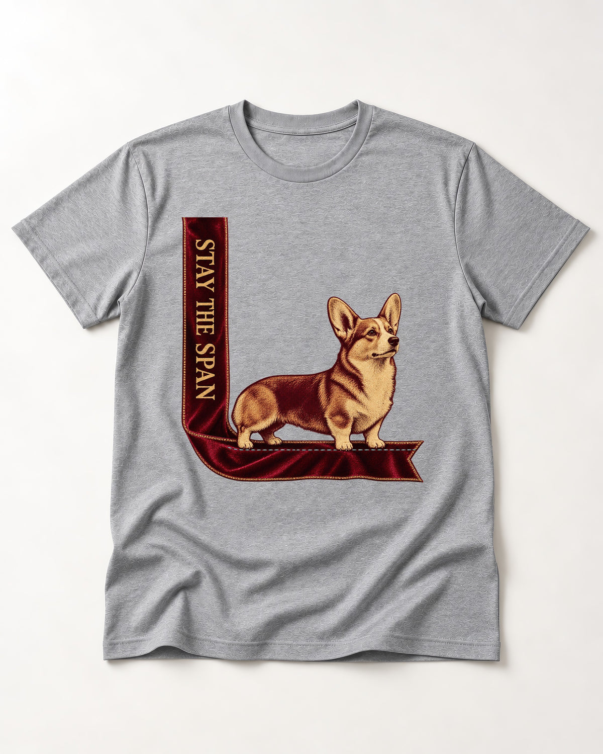 Corgi Stay the Span Ribbon T-Shirt in Sport Grey, flat lay product photo