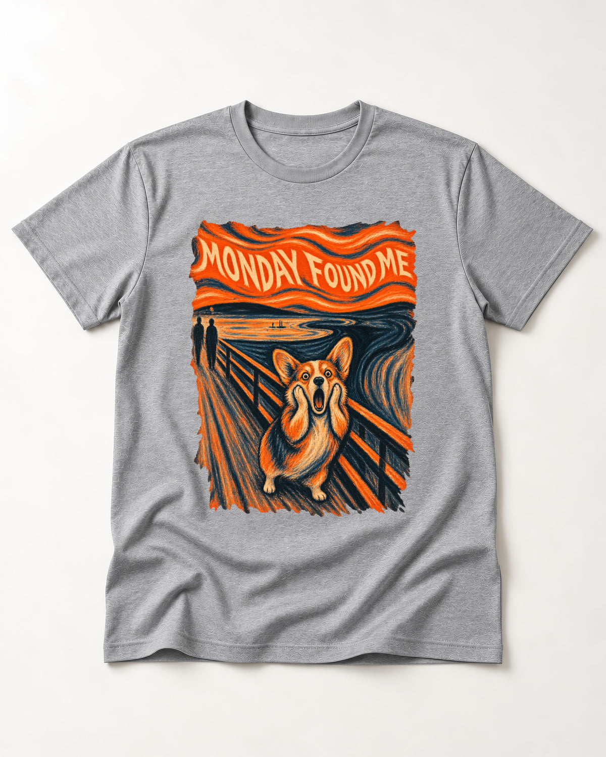 Corgi Monday Found Me Scream Banner T-Shirt in Sport Grey, flat lay product photo