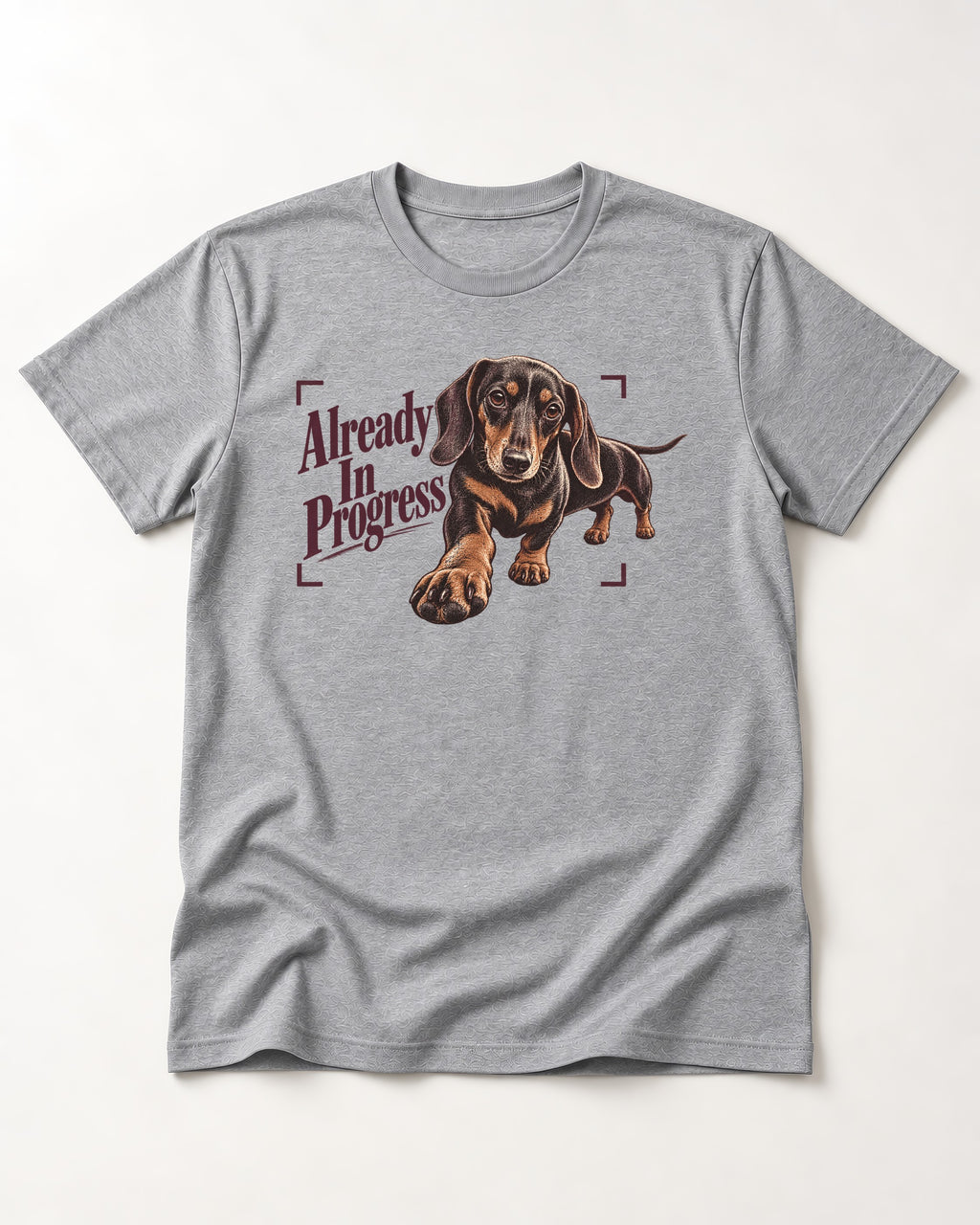 Dachshund Already in Progress T-Shirt in Sport Grey, flat lay product photo