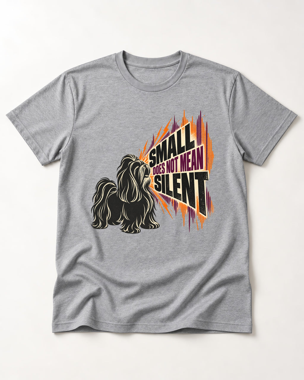 Small Not Silent Shih Tzu T-Shirt in Sport Grey, flat lay product photo