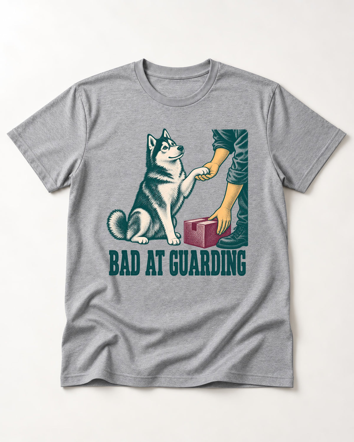 Husky's Bad at Guarding T-Shirt in Sport Grey, flat lay product photo
