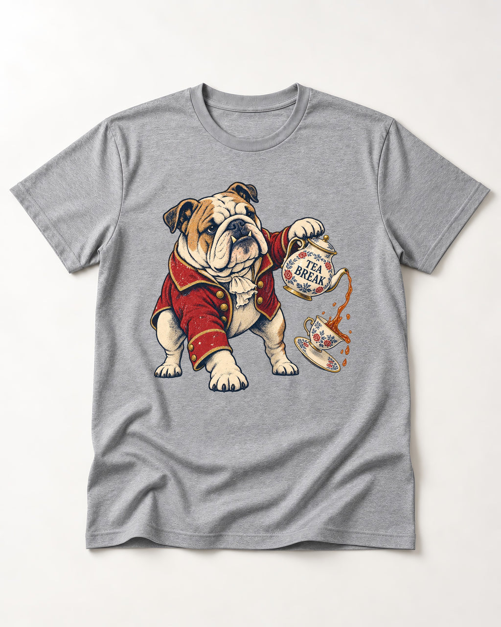 English Bulldog Tea Break T-Shirt in Sport Grey, flat lay product photo