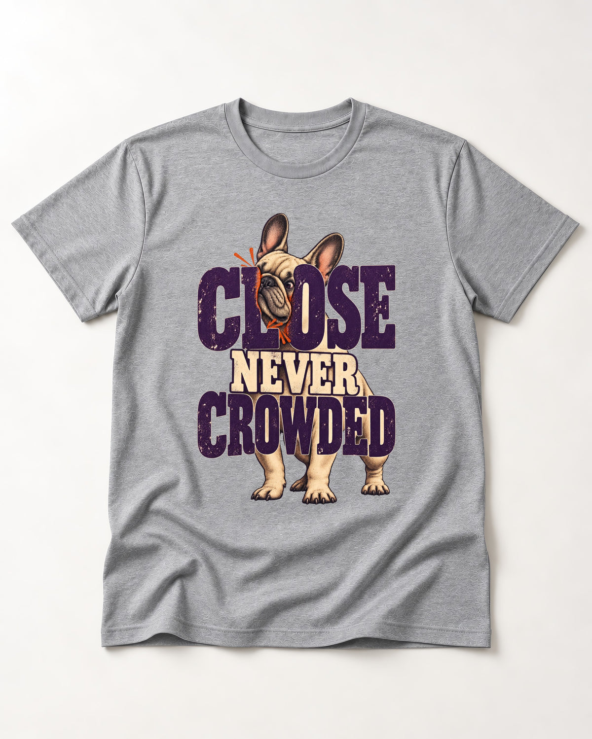Frenchie Close Never Crowded Peekaboo Type Graphic T-Shirt in Sport Grey, flat lay product photo