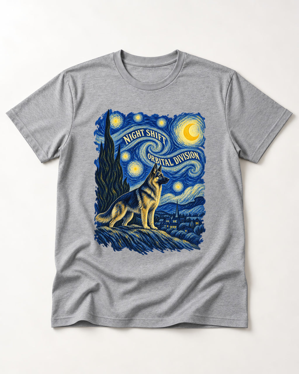 German Shepherd Dog Night Shift Orbital Division Starry Night T-Shirt in Sport Grey, flat lay product photo
