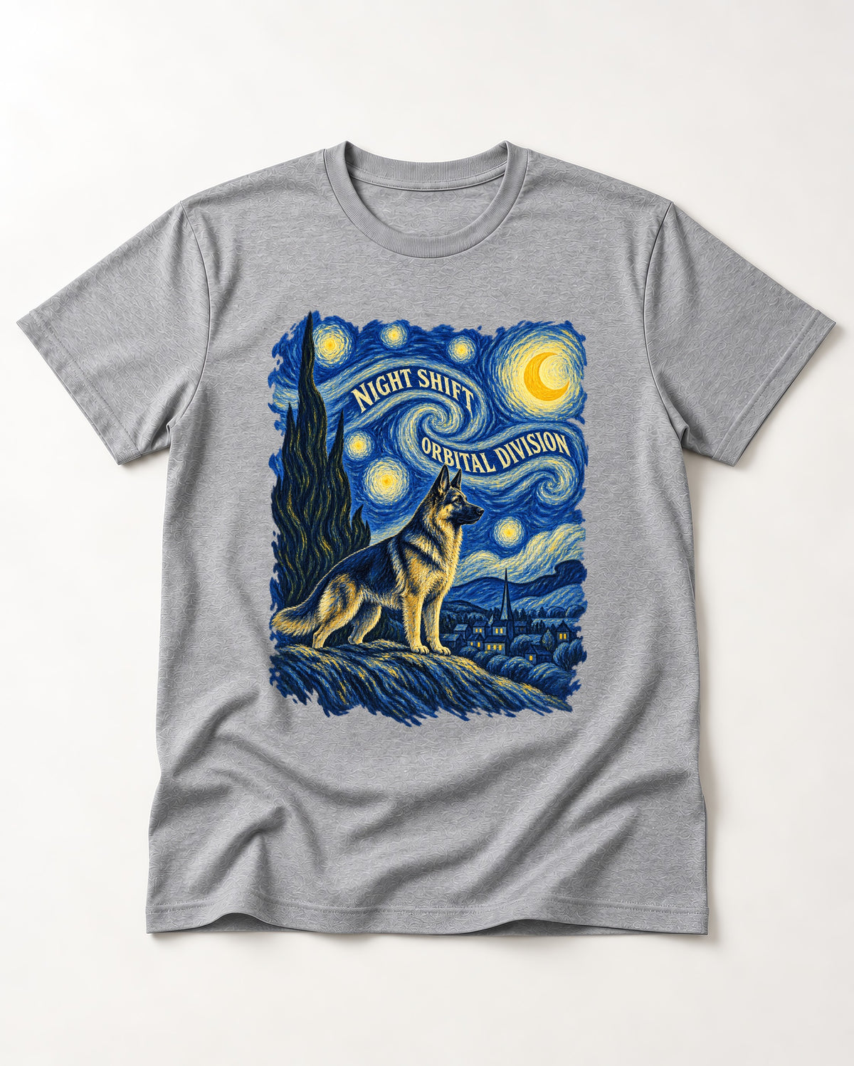 German Shepherd Dog Night Shift Orbital Division Starry Night T-Shirt in Sport Grey, flat lay product photo