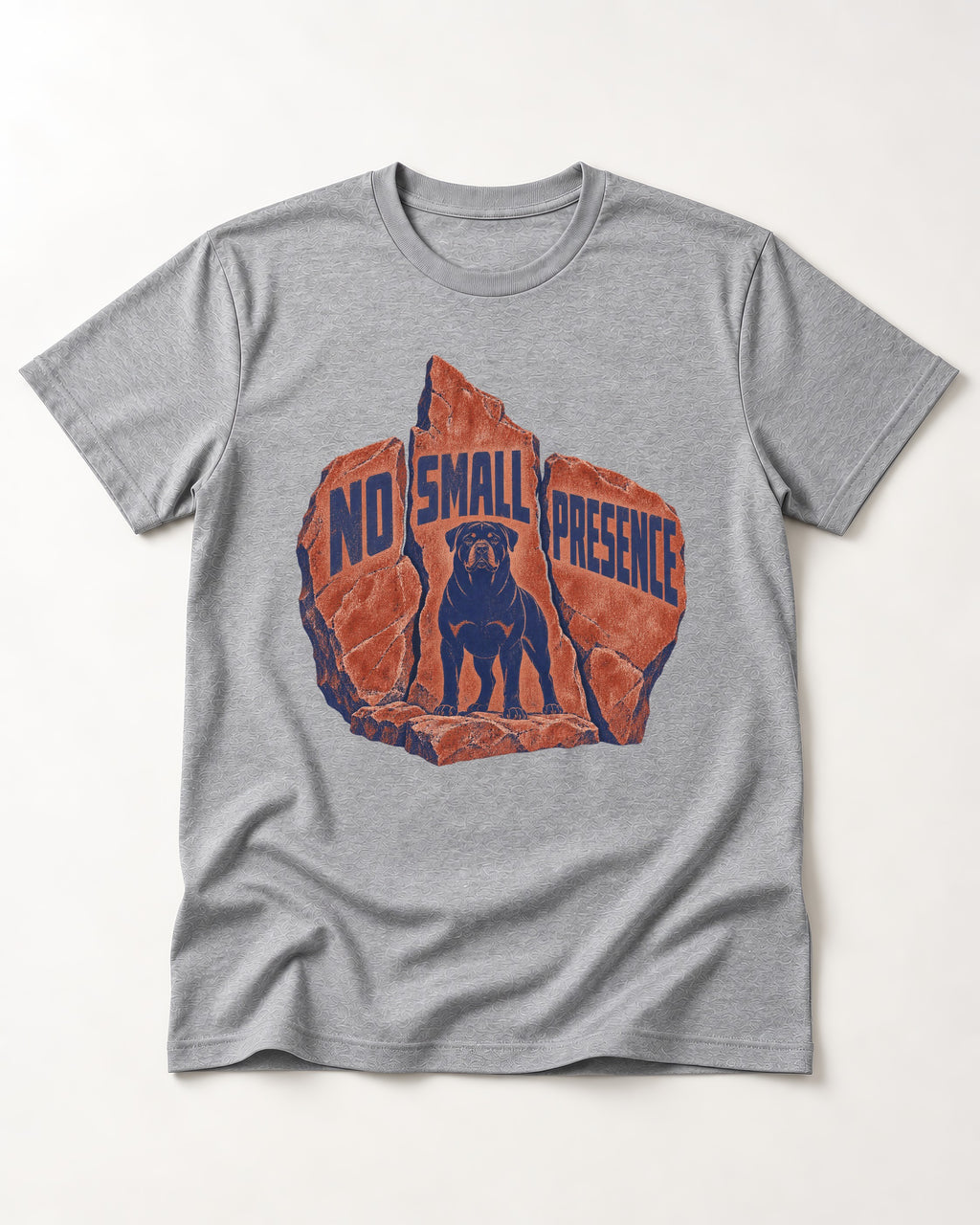 Rottweiler No Small Presence Monument Rock Graphic T-Shirt in Sport Grey, flat lay product photo