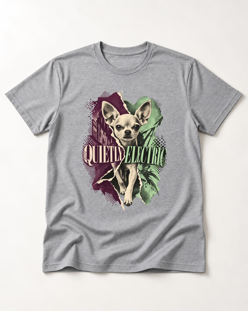 Chihuahua Quietly Electric T-Shirt in Sport Grey, flat lay product photo