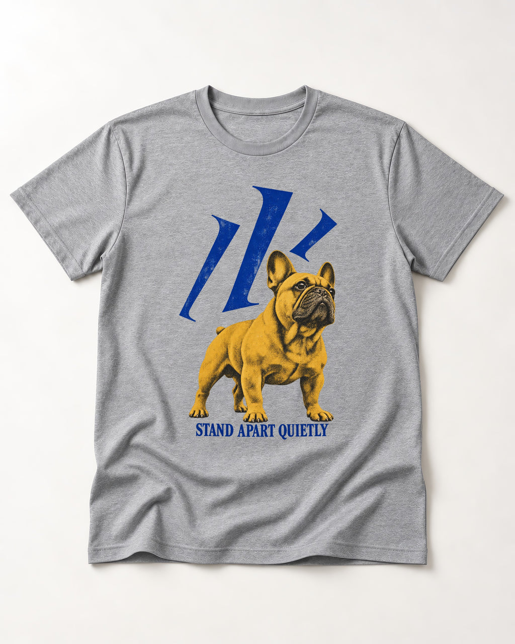 Frenchie Stand Apart Quietly T-Shirt in Sport Grey, flat lay product photo