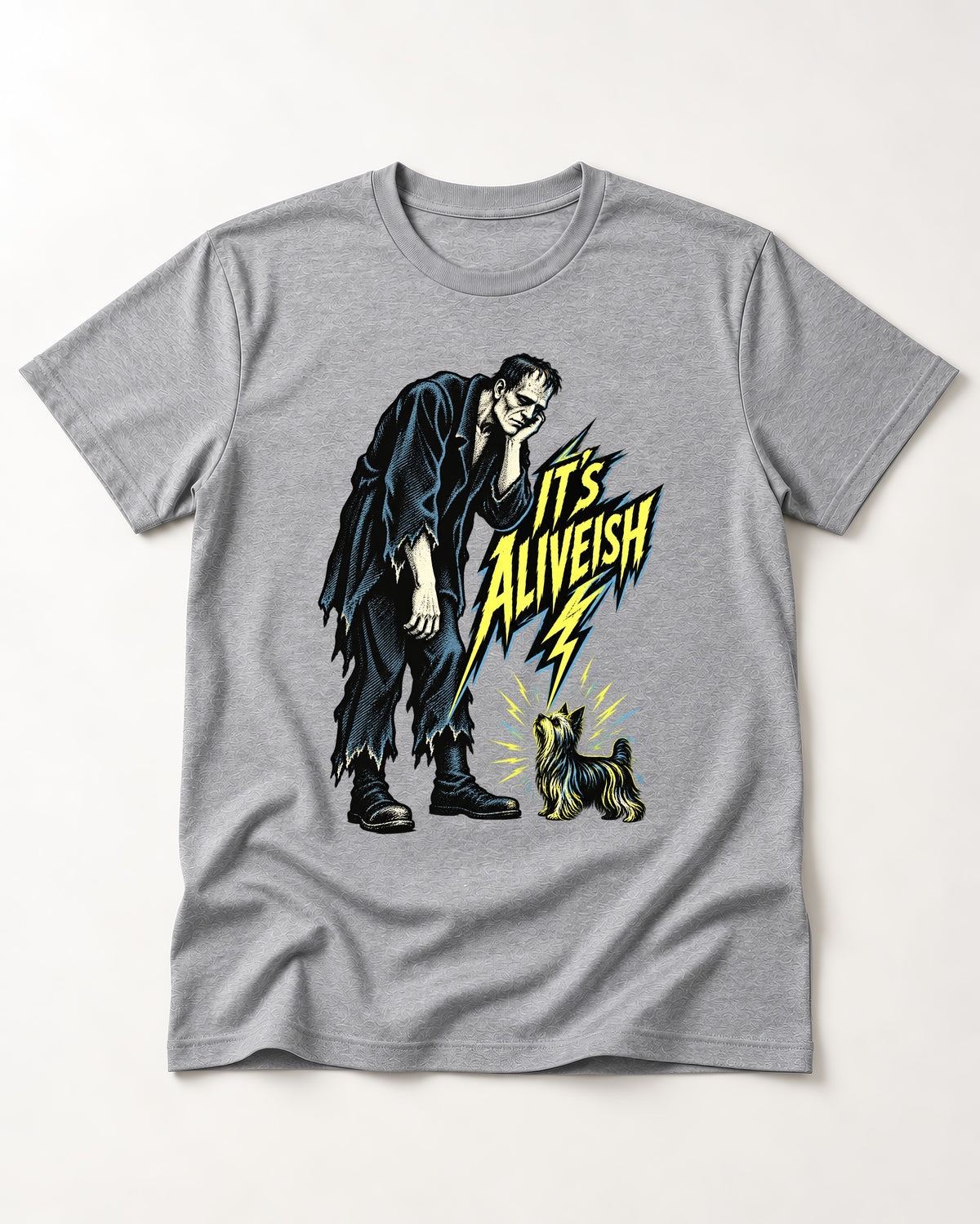 It's Aliveish Yorkshire Terrier T-Shirt in Sport Grey, flat lay product photo