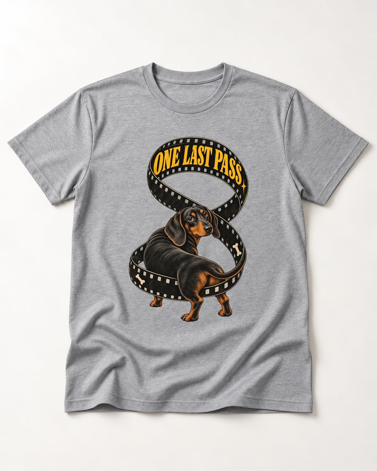 Dachshund's One Last Pass T-Shirt in Sport Grey, flat lay product photo