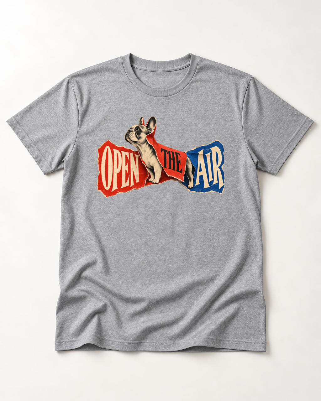 Frenchie Open the Air Torn Poster Graphic T-Shirt in Sport Grey, flat lay product photo