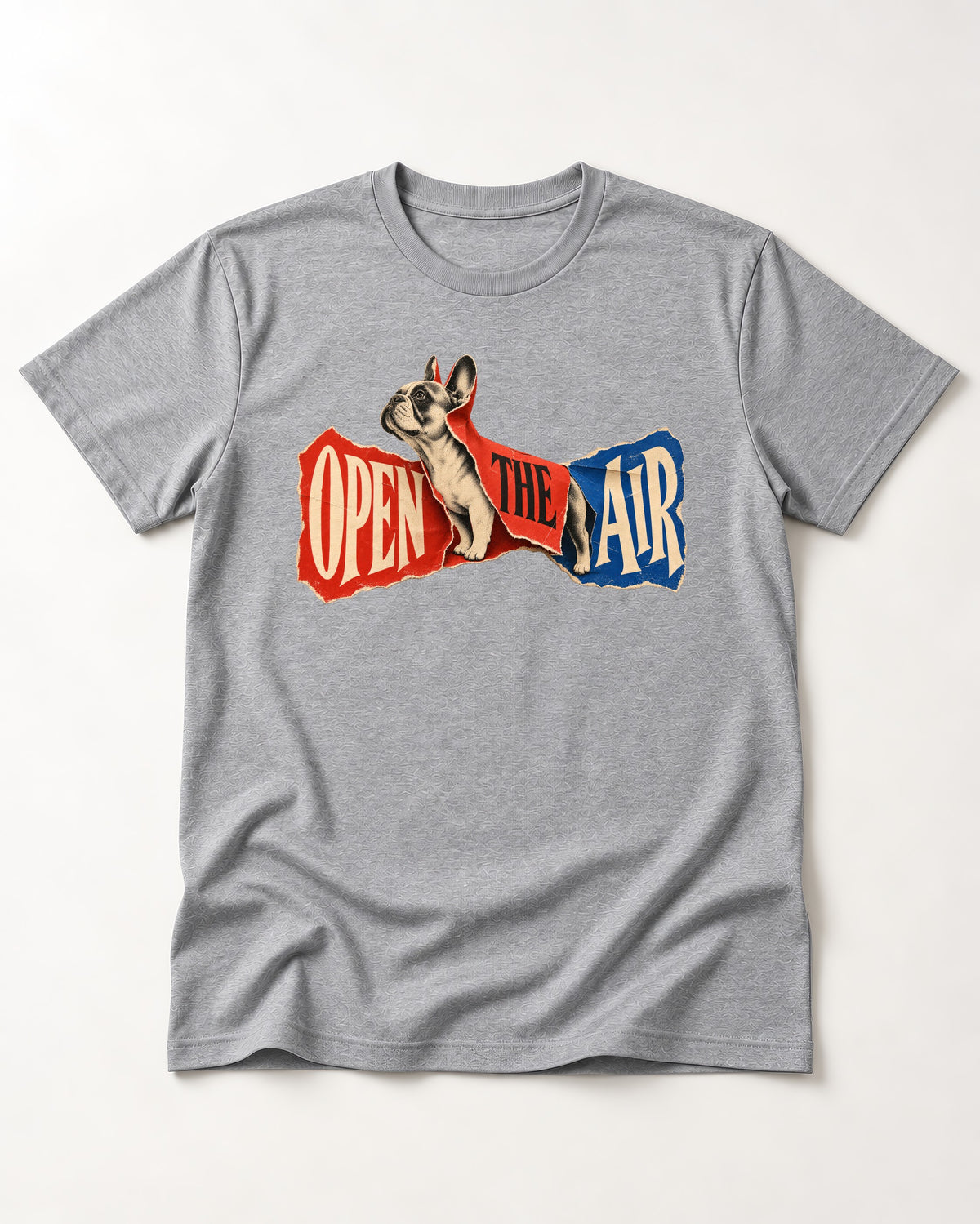 Frenchie Open the Air Torn Poster Graphic T-Shirt in Sport Grey, flat lay product photo