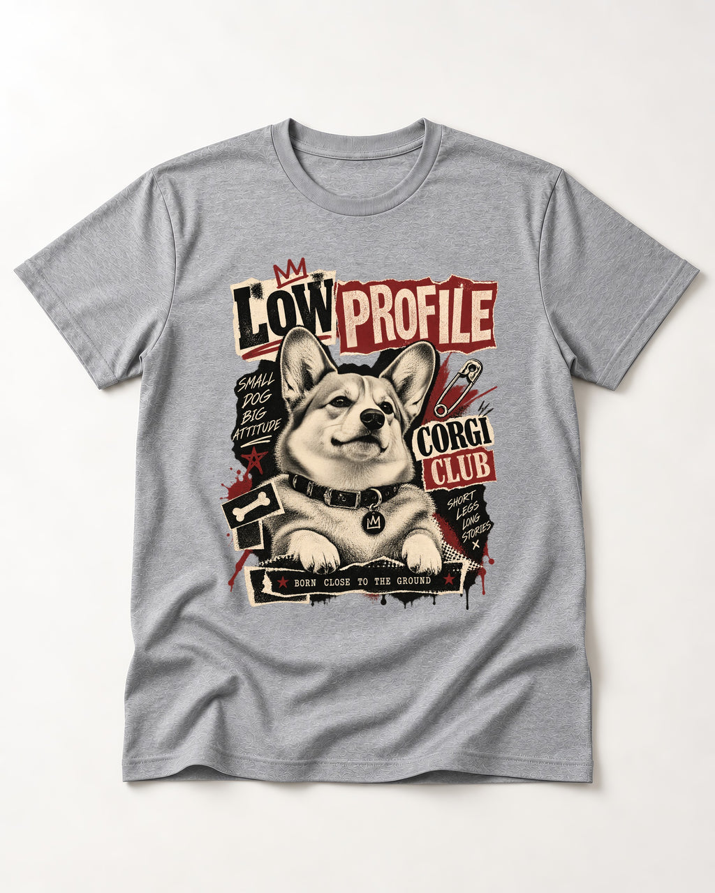 Corgi Low Profile Corgi Club Punk Collage Graphic T-Shirt in Sport Grey, flat lay product photo