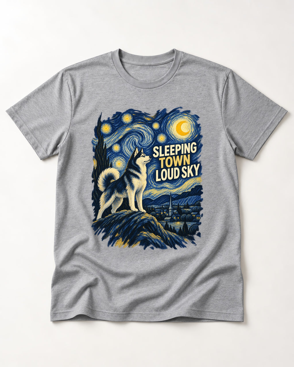 Husky Sleeping Town Loud Sky Starry Night Graphic T-Shirt in Sport Grey, flat lay product photo