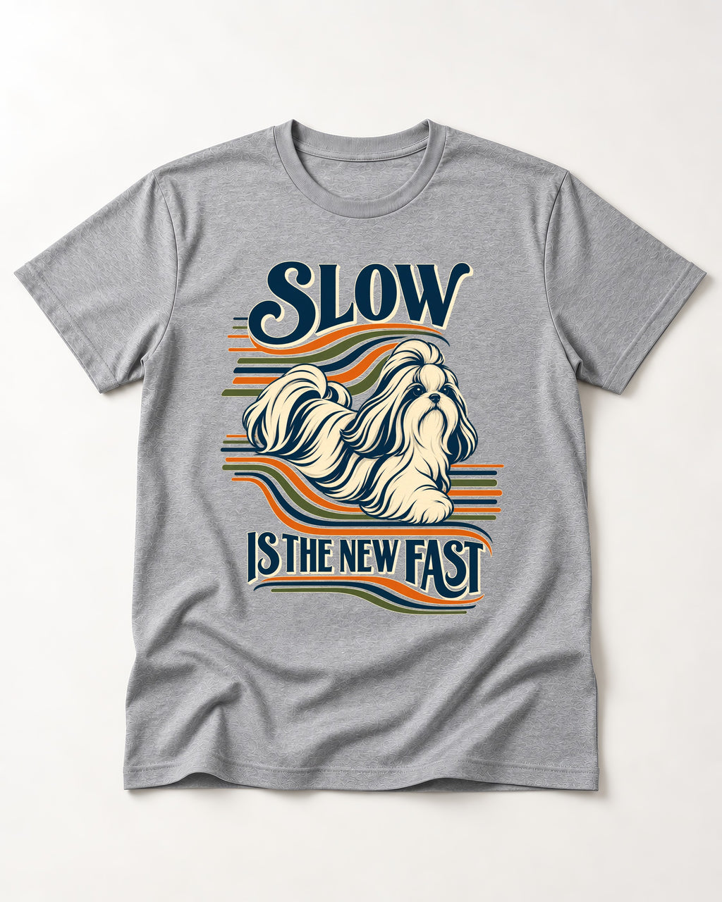 Slow Is Fast Shih Tzu T-Shirt in Sport Grey, flat lay product photo
