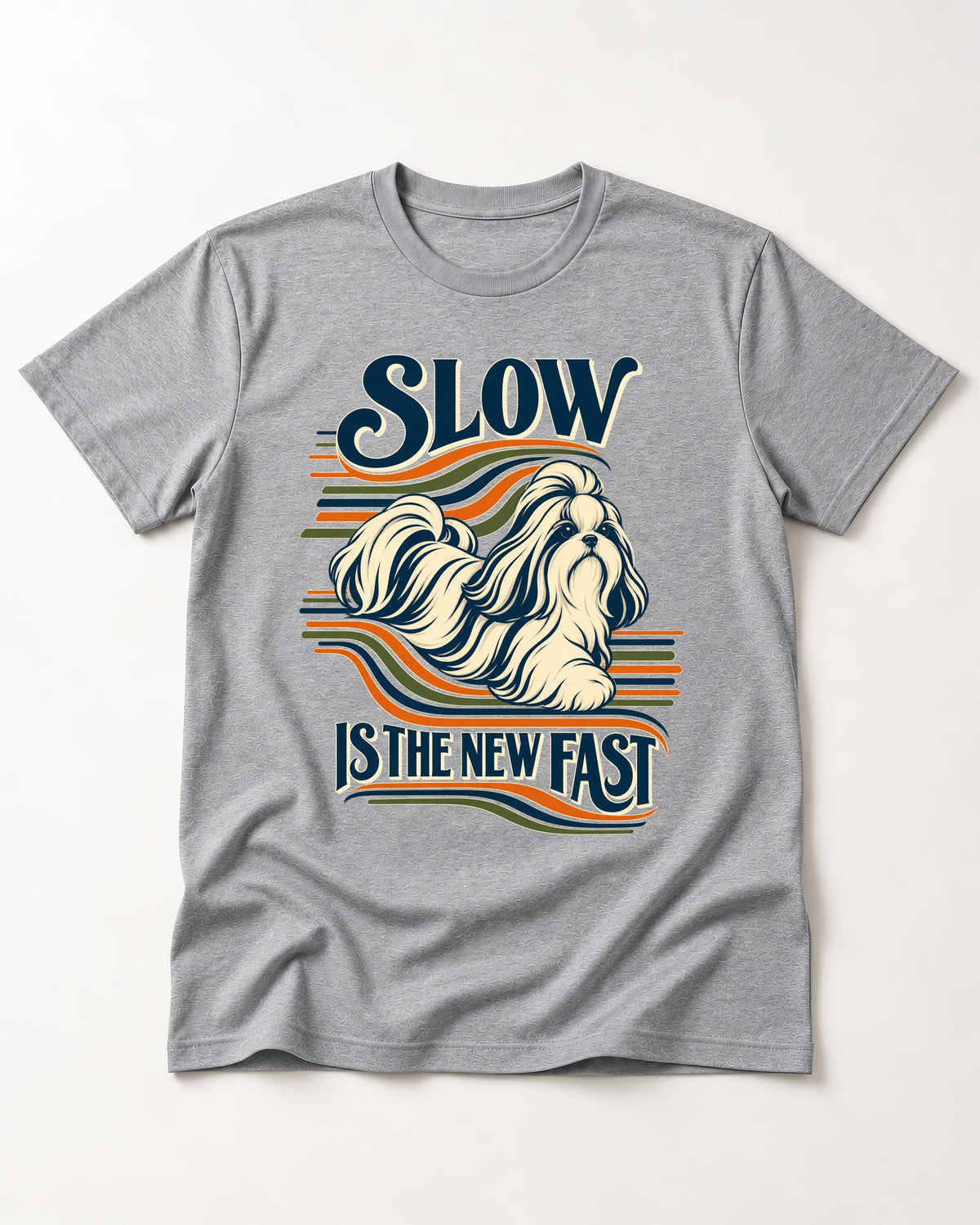 Slow Is Fast Shih Tzu T-Shirt in Sport Grey, flat lay product photo