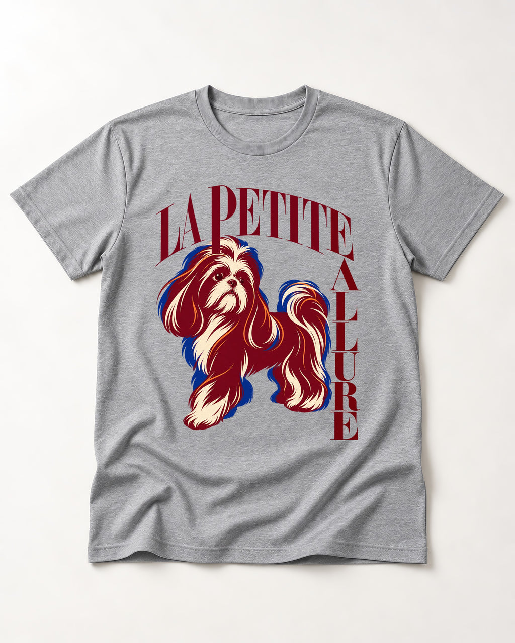 La Petite Allure Shih Tzu T-Shirt in Sport Grey, flat lay product photo